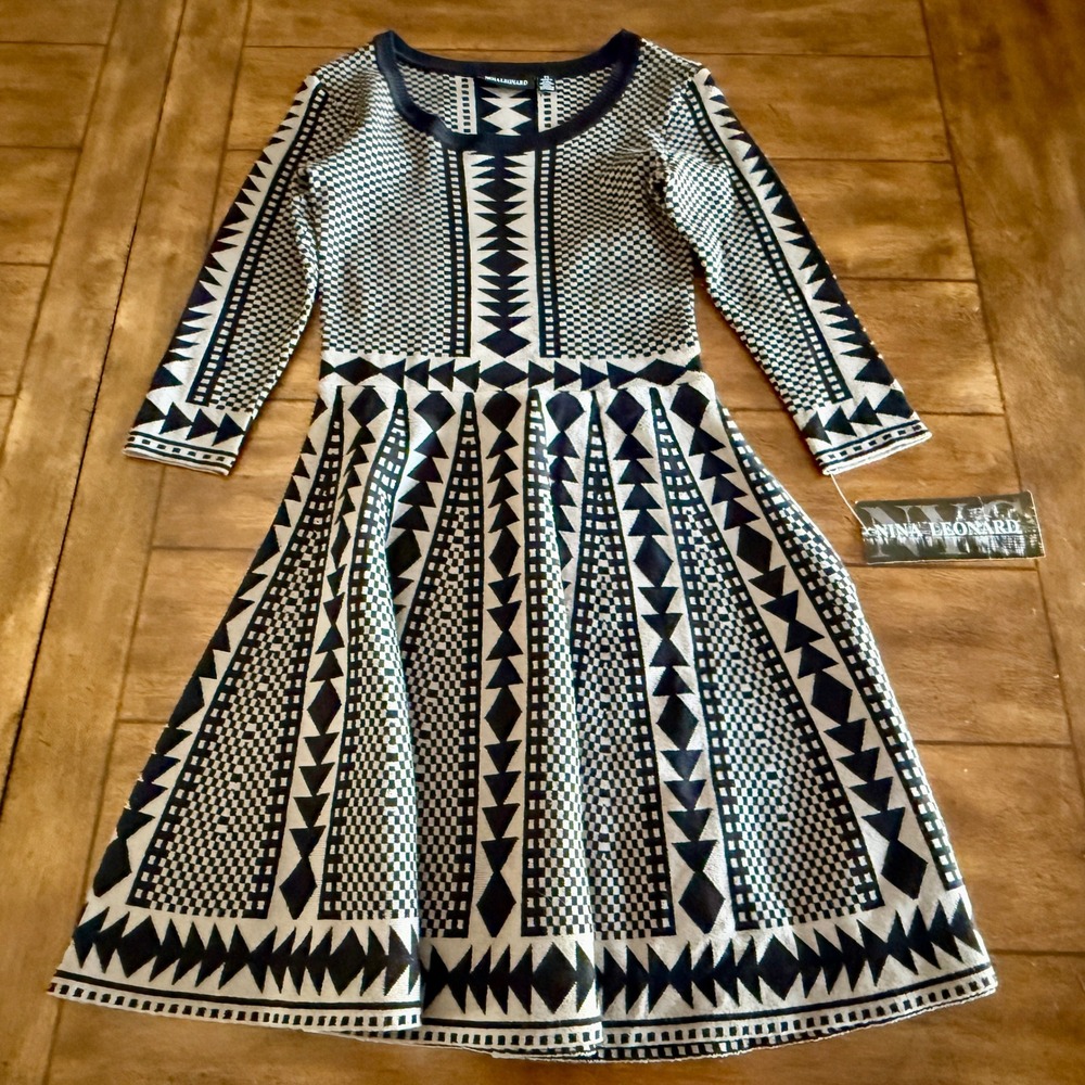 Nina Leonard Mink Black Geometric Jacquard Fit Flare Knit Dress XS L8580A NEW WT
